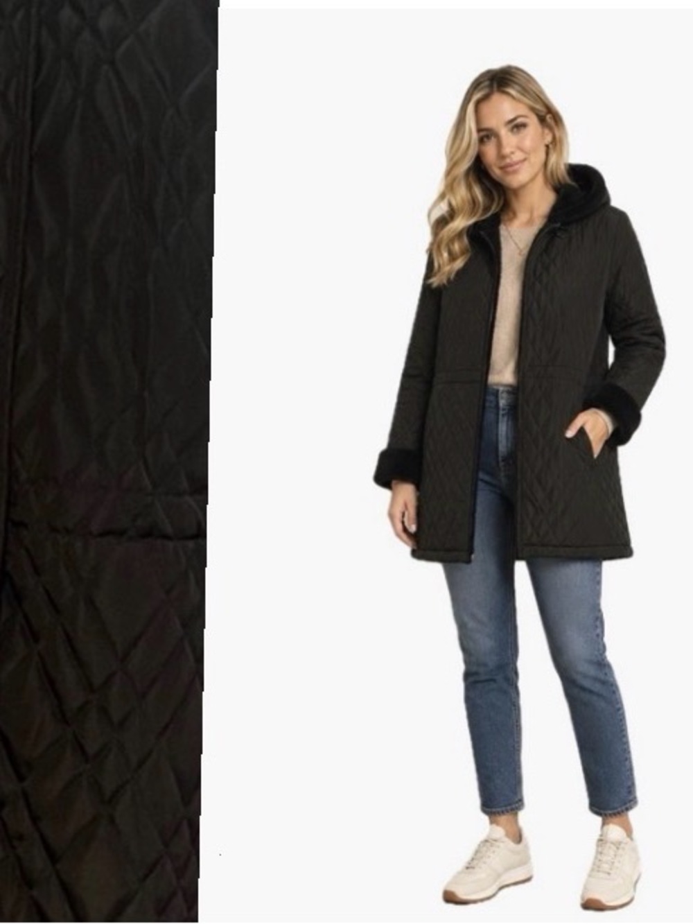 Dennis Basso,  Women’s Black Quilted Hooded Coat Faux Fur Trim Plus, Size 2X EUC